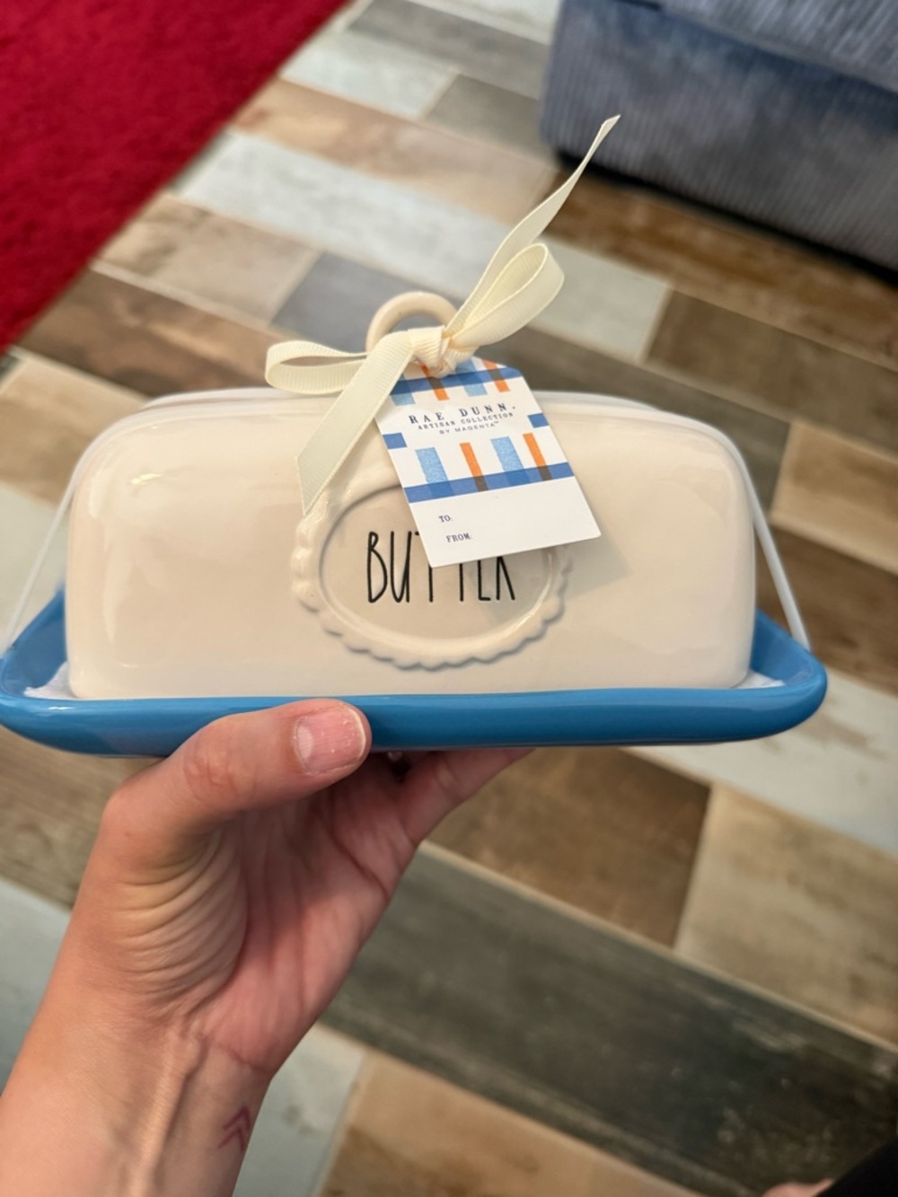 Rae Dunn Ceramic Butter Dish in White and Light Blue - Picture 7 of 8